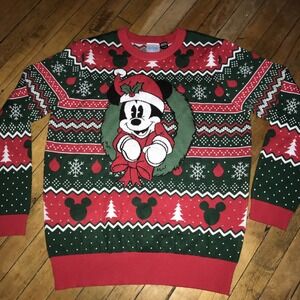 Disney Mickey Mouse Christmas Sweater Womens XXL Green Red Fair Isle Holiday